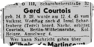 Zeitungsannonce von 1945